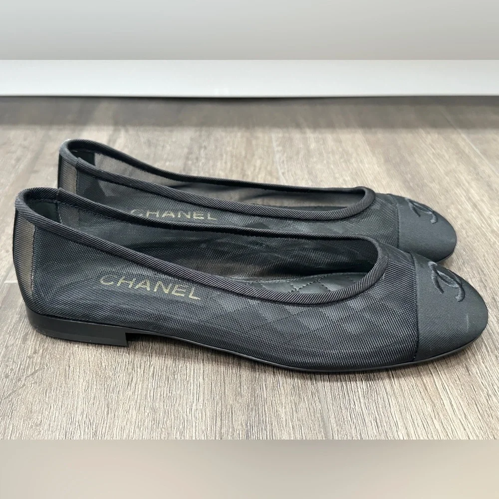 2025 CHANEL BLACK MESH BALLET FLATS BALLERINA SHOES 37 NEW - Picture 8 of 16